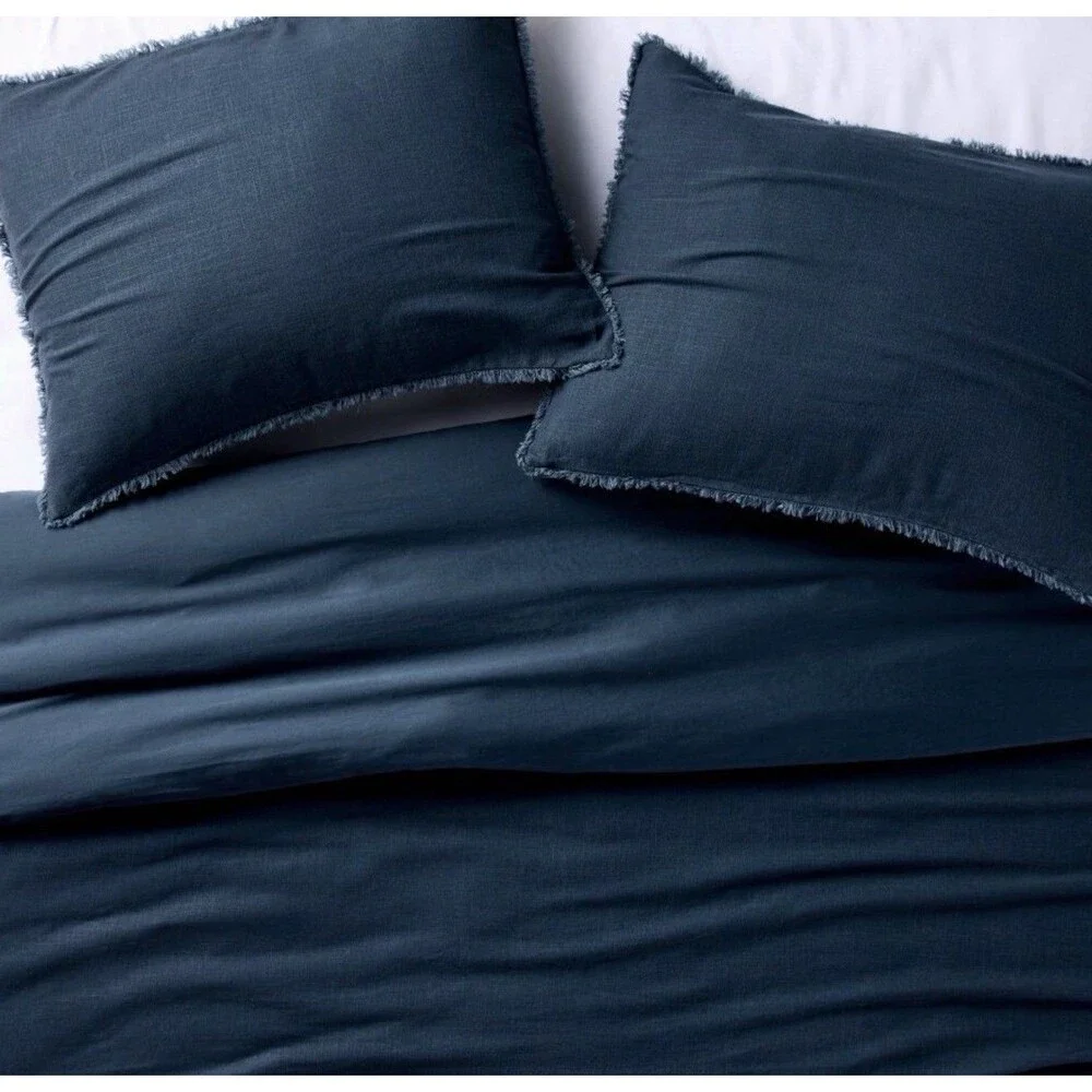 Full/Queen Heavyweight Linen Blend Duvet Cover and Sham Set Dark Mineral Blue